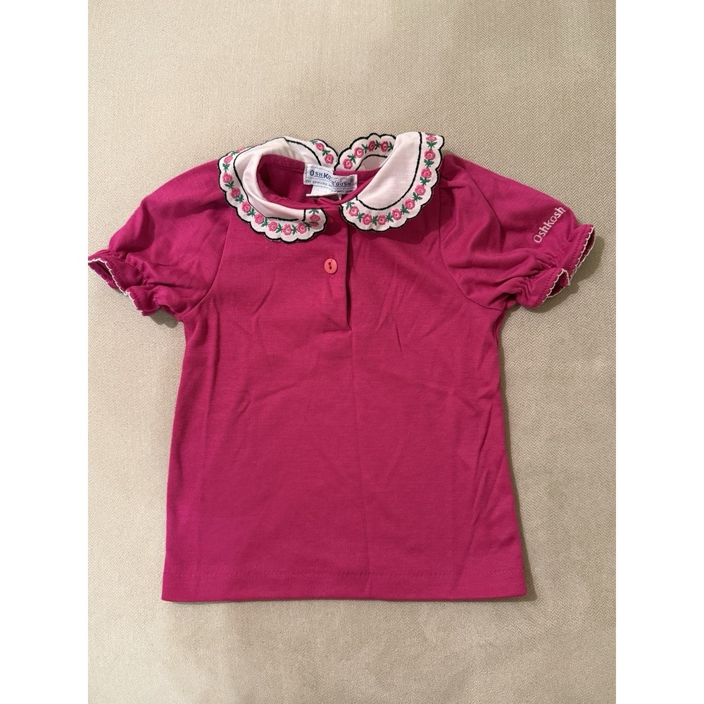 Vintage Oshkosh Short Sleeve Collared Shirt Pink Embroidered Flowers Ruffles 2T